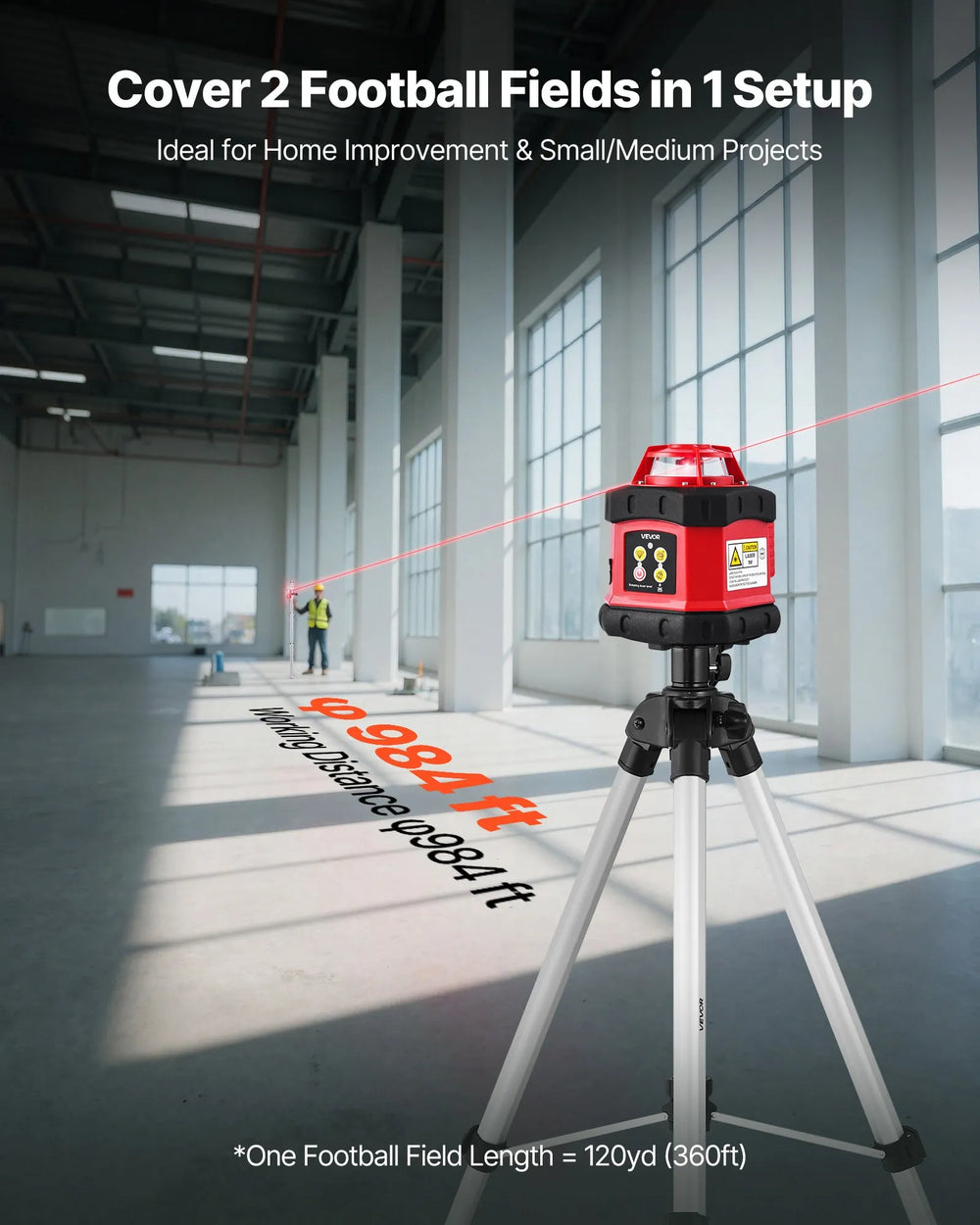 984 ft working distance shown in a large indoor space with tripod setup