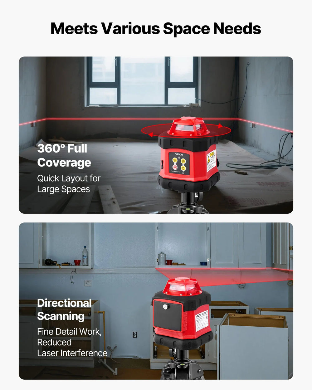 360° full coverage and directional scanning modes for layout and detail work