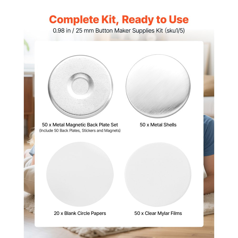 VEVOR Button Maker Supplies 50 Sets 0.98 in / 25 mm Refrigerator Magnets, Button Parts with Magnetic Backs, Metal Shells, Clear Mylar Films, and Blank Circle Papers, for Home DIY and Kitchen Decor