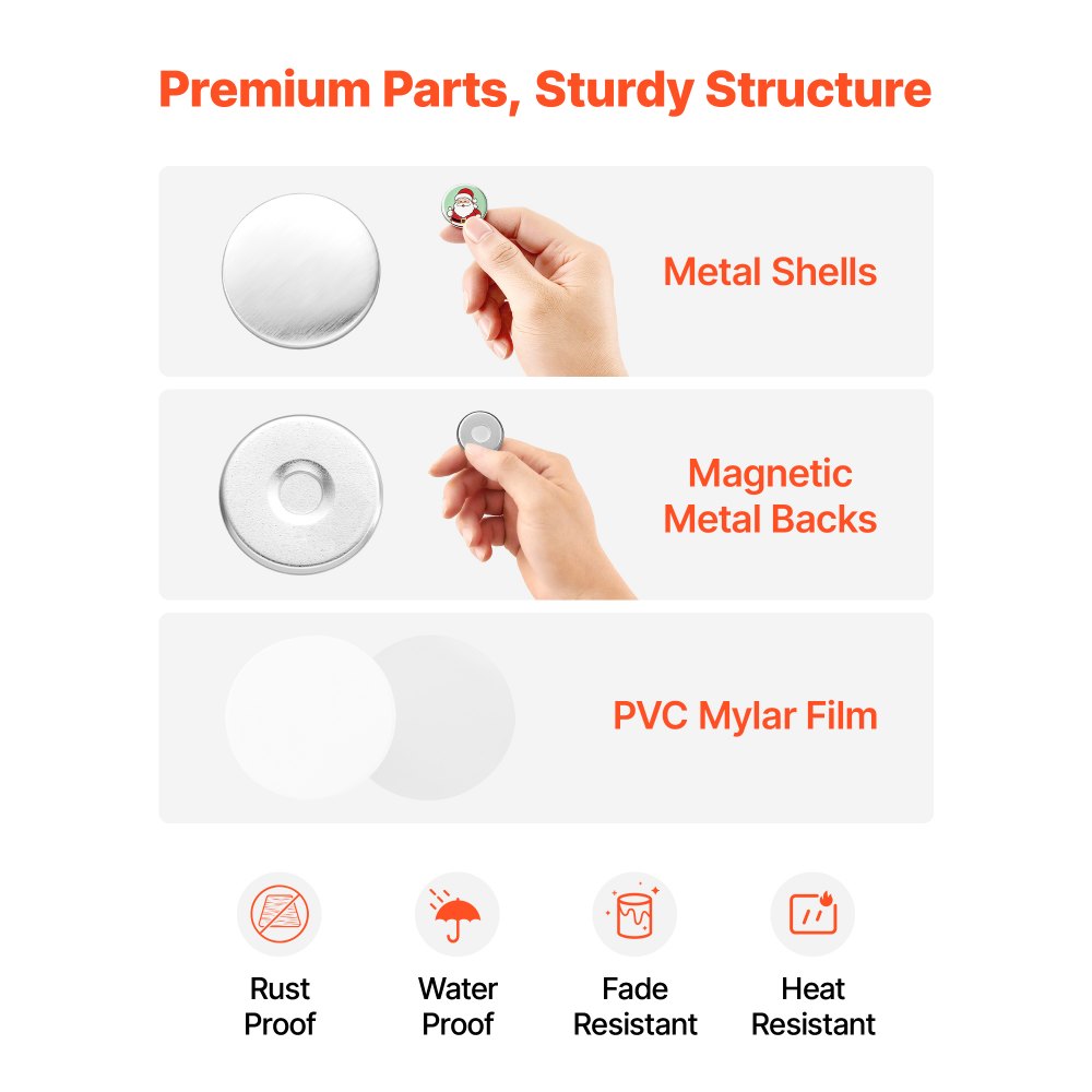 VEVOR Button Maker Supplies 50 Sets 0.98 in / 25 mm Refrigerator Magnets, Button Parts with Magnetic Backs, Metal Shells, Clear Mylar Films, and Blank Circle Papers, for Home DIY and Kitchen Decor