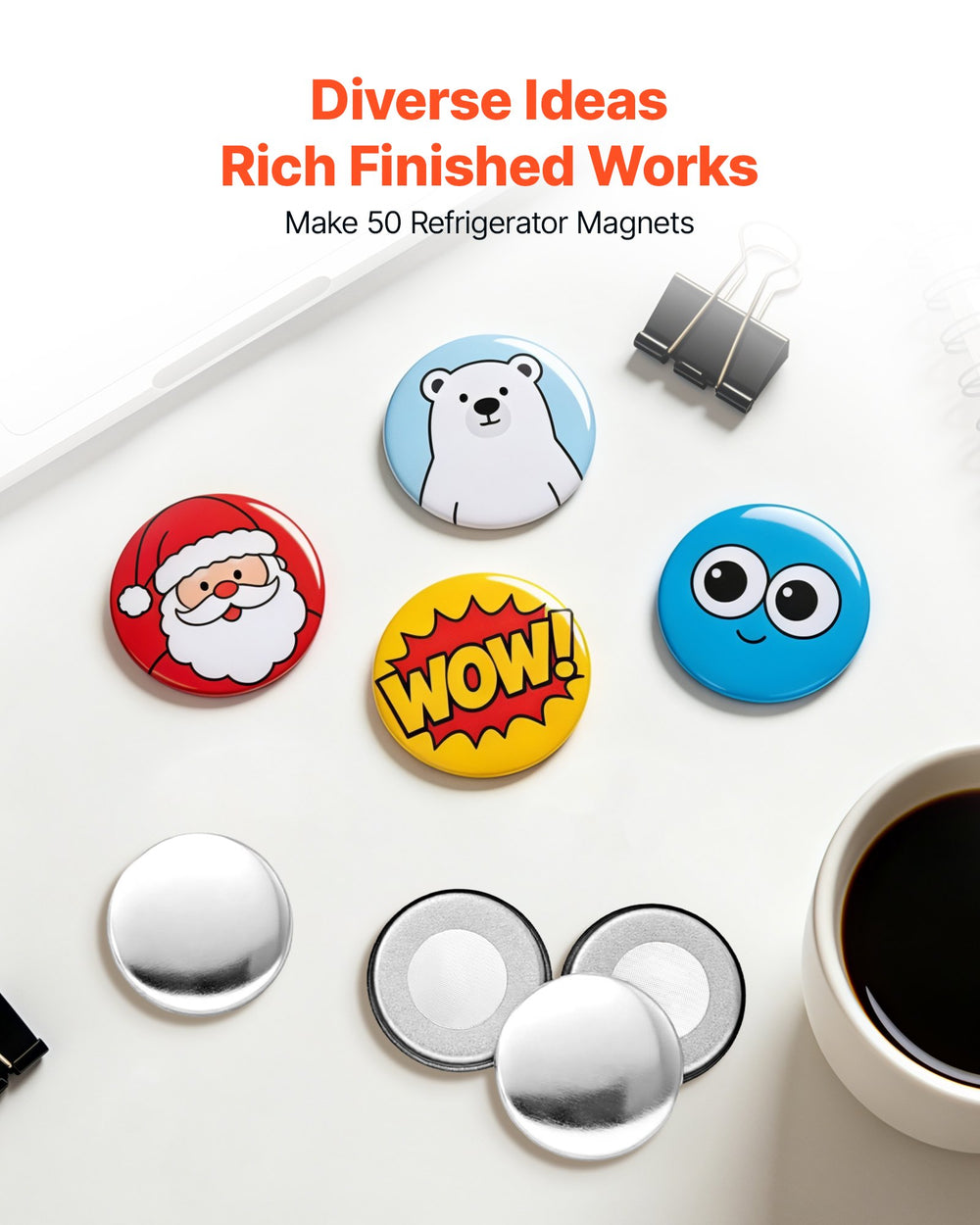 VEVOR Button Maker Supplies 50 Sets 0.98 in / 25 mm Refrigerator Magnets, Button Parts with Magnetic Backs, Metal Shells, Clear Mylar Films, and Blank Circle Papers, for Home DIY and Kitchen Decor