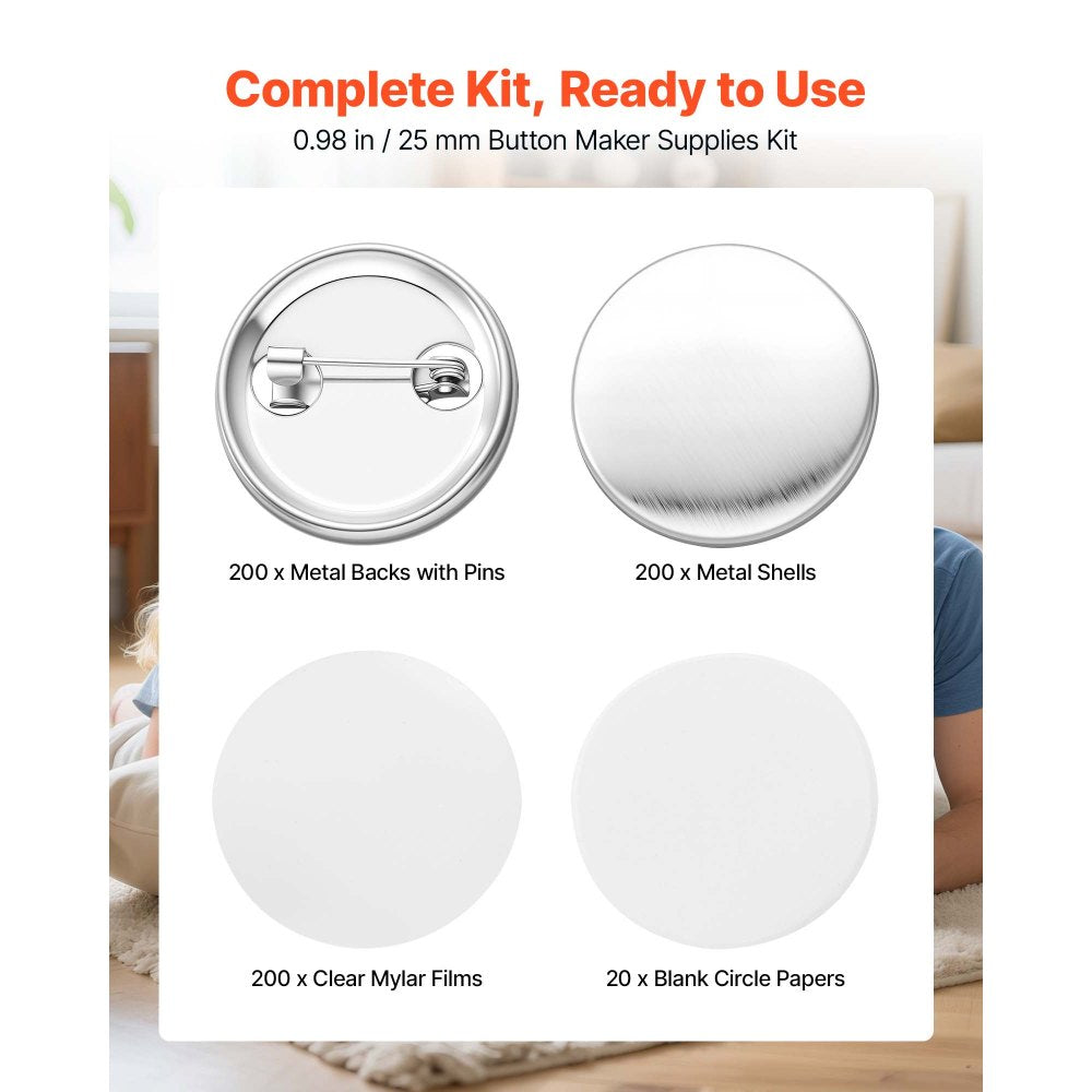 VEVOR Button Maker Supplies 200 Sets 0.98 in / 25 mm Pin Back Button Parts, with Metal Backs, Metal Shells, Clear Mylar Films, and Blank Circle Papers, for Home DIY, School Events, and Custom Studio
