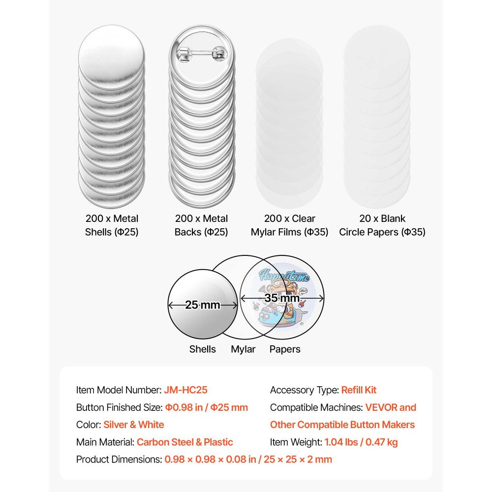 VEVOR Button Maker Supplies 200 Sets 0.98 in / 25 mm Pin Back Button Parts, with Metal Backs, Metal Shells, Clear Mylar Films, and Blank Circle Papers, for Home DIY, School Events, and Custom Studio