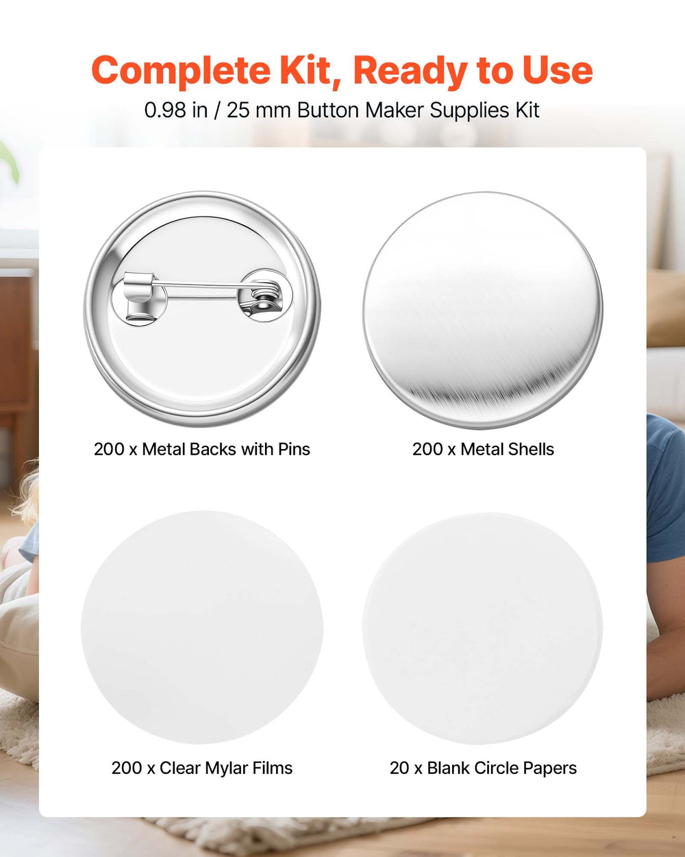 VEVOR Button Maker Supplies 200 Sets 0.98 in / 25 mm Pin Back Button Parts, with Metal Backs, Metal Shells, Clear Mylar Films, and Blank Circle Papers, for Home DIY, School Events, and Custom Studio