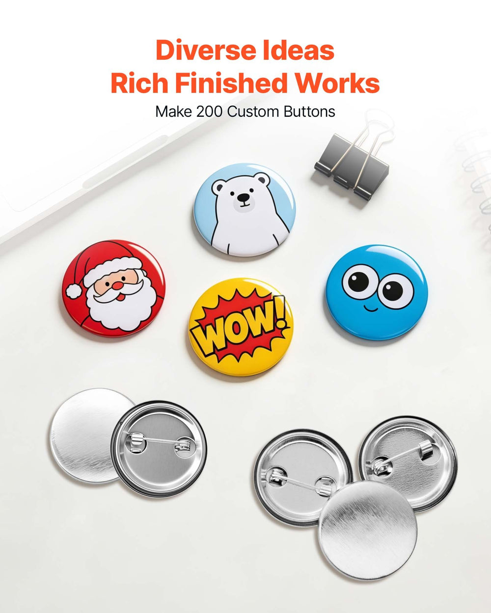 VEVOR Button Maker Supplies 200 Sets 0.98 in / 25 mm Pin Back Button Parts, with Metal Backs, Metal Shells, Clear Mylar Films, and Blank Circle Papers, for Home DIY, School Events, and Custom Studio