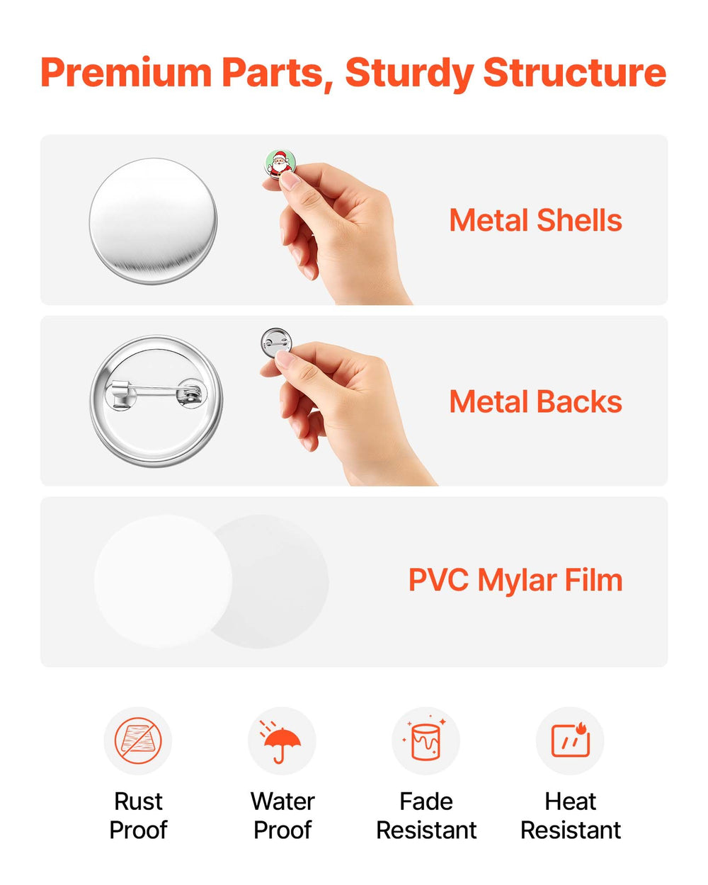 VEVOR Button Maker Supplies 200 Sets 0.98 in / 25 mm Pin Back Button Parts, with Metal Backs, Metal Shells, Clear Mylar Films, and Blank Circle Papers, for Home DIY, School Events, and Custom Studio