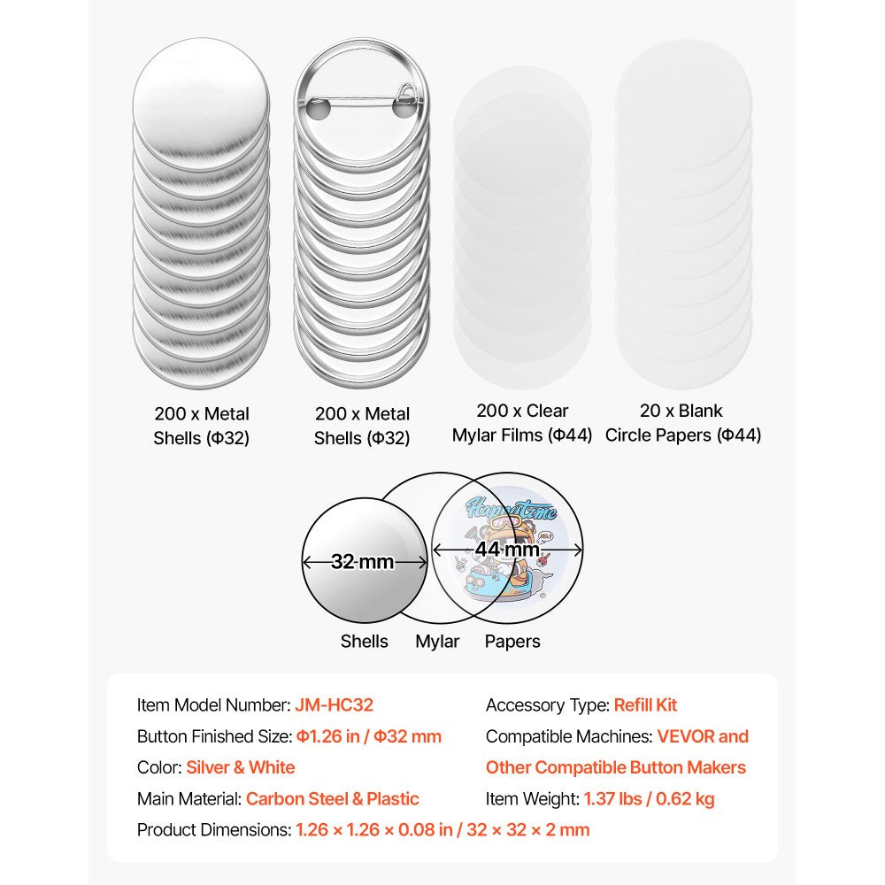 VEVOR Button Maker Supplies 200 Sets 1.26 in / 32 mm Pin Back Button Parts, with Metal Backs, Metal Shells, Clear Mylar Films, and Blank Circle Papers, for Home DIY, School Events, and Custom Studio