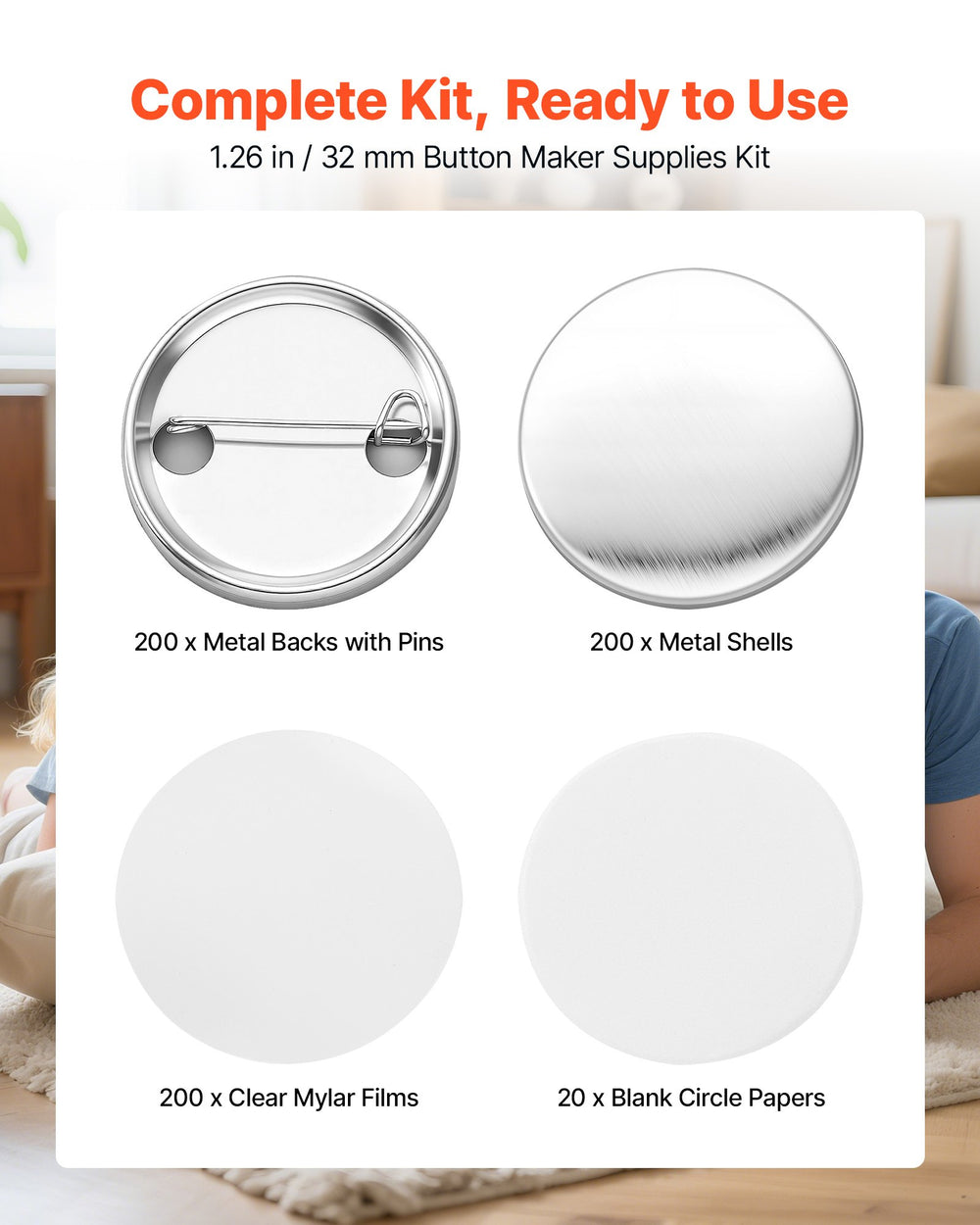 VEVOR Button Maker Supplies 200 Sets 1.26 in / 32 mm Pin Back Button Parts, with Metal Backs, Metal Shells, Clear Mylar Films, and Blank Circle Papers, for Home DIY, School Events, and Custom Studio
