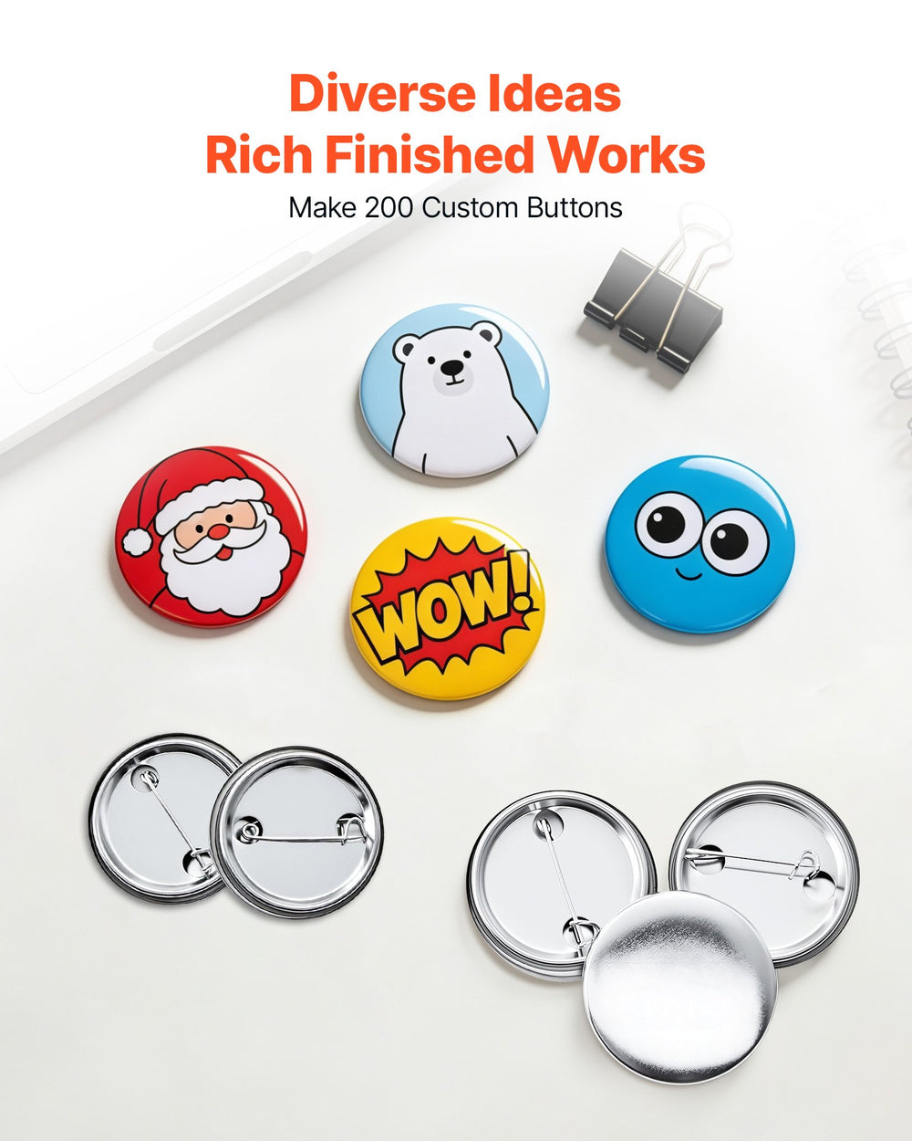 VEVOR Button Maker Supplies 200 Sets 1.26 in / 32 mm Pin Back Button Parts, with Metal Backs, Metal Shells, Clear Mylar Films, and Blank Circle Papers, for Home DIY, School Events, and Custom Studio