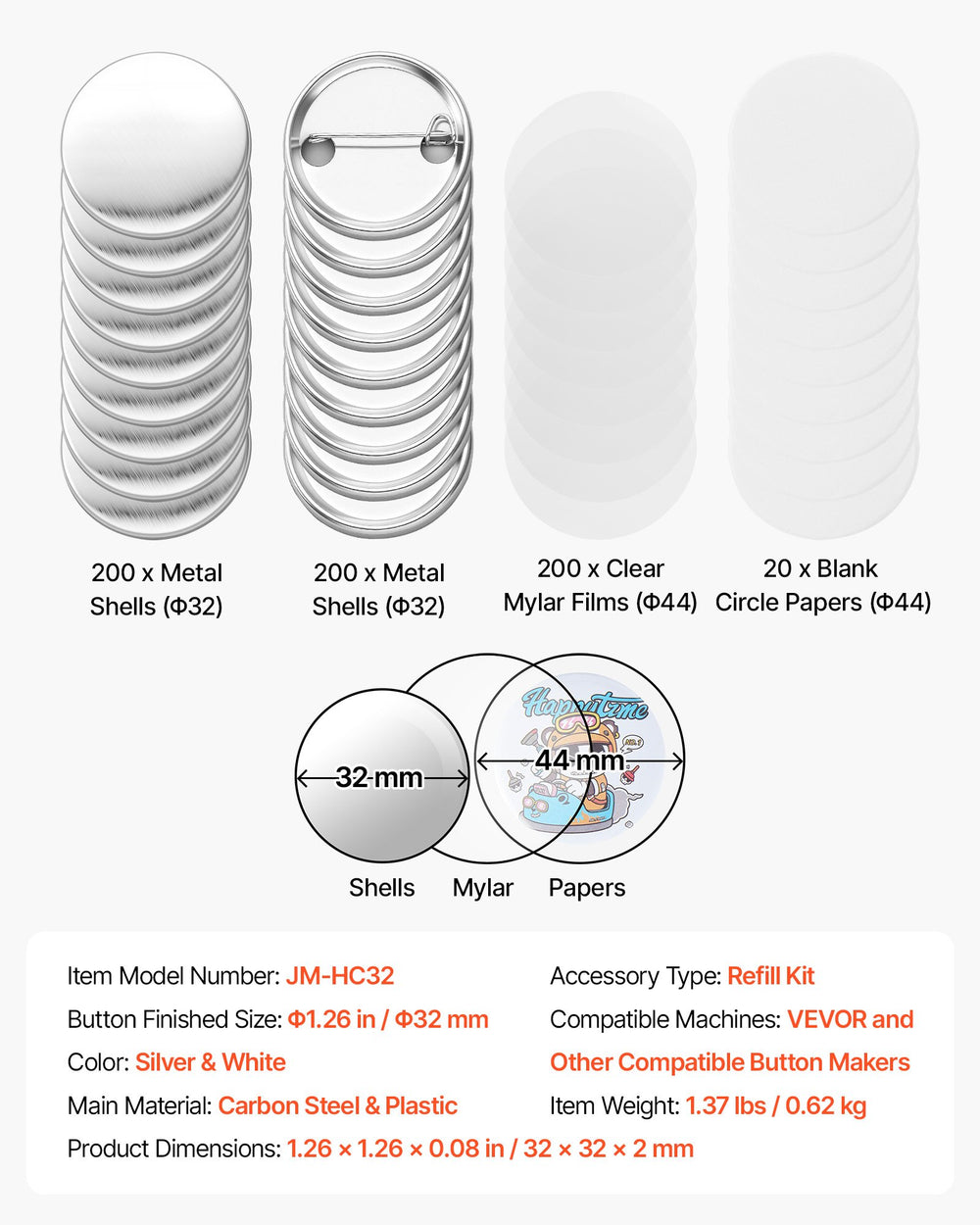 VEVOR Button Maker Supplies 200 Sets 1.26 in / 32 mm Pin Back Button Parts, with Metal Backs, Metal Shells, Clear Mylar Films, and Blank Circle Papers, for Home DIY, School Events, and Custom Studio
