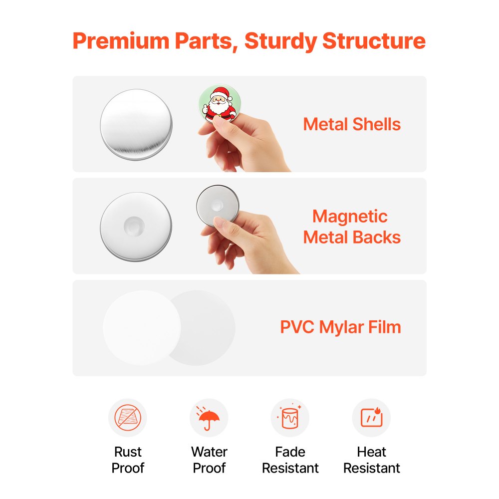 VEVOR Button Maker Supplies 50 Sets 2.28 in / 58 mm Refrigerator Magnets, Bottle Openers, and Keychains Button Parts with Backs, Shells, Clear Mylar Films, and Blank Circle Papers, for Home DIY