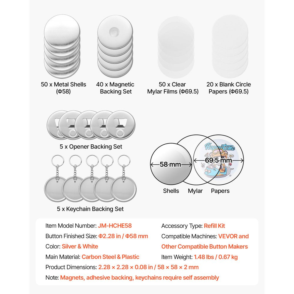 VEVOR Button Maker Supplies 50 Sets 2.28 in / 58 mm Refrigerator Magnets, Bottle Openers, and Keychains Button Parts with Backs, Shells, Clear Mylar Films, and Blank Circle Papers, for Home DIY