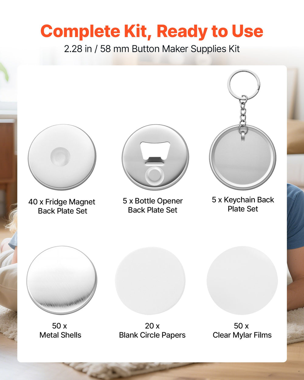 VEVOR Button Maker Supplies 50 Sets 2.28 in / 58 mm Refrigerator Magnets, Bottle Openers, and Keychains Button Parts with Backs, Shells, Clear Mylar Films, and Blank Circle Papers, for Home DIY