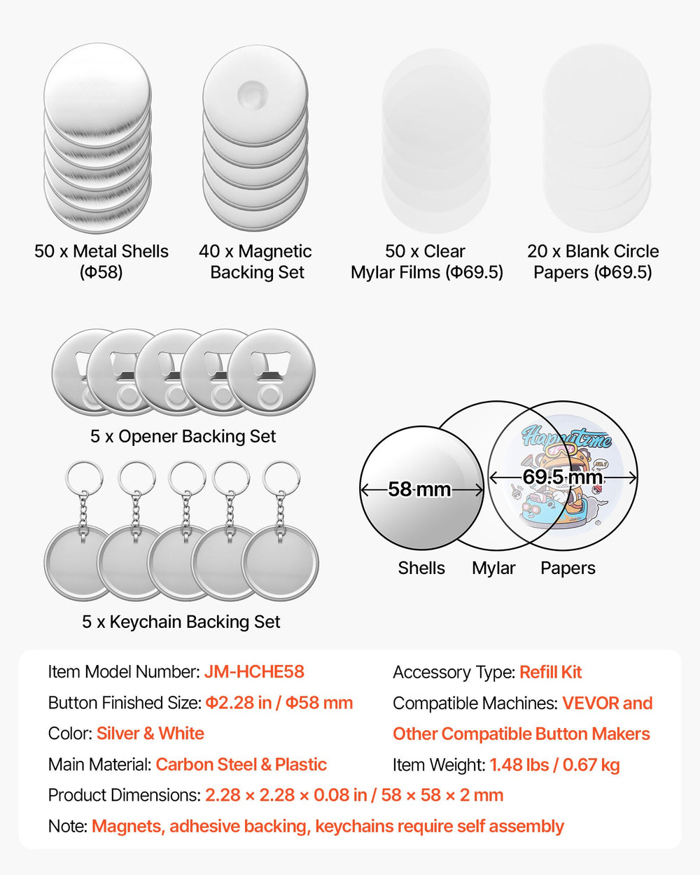 VEVOR Button Maker Supplies 50 Sets 2.28 in / 58 mm Refrigerator Magnets, Bottle Openers, and Keychains Button Parts with Backs, Shells, Clear Mylar Films, and Blank Circle Papers, for Home DIY