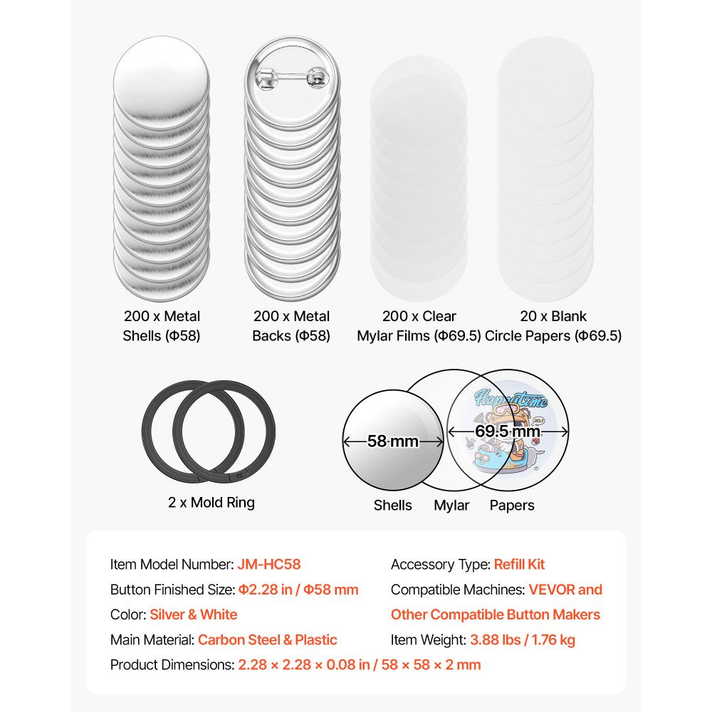 VEVOR Button Maker Supplies 200 Sets 2.28 in / 58 mm Pin Back Button Parts, with Metal Backs, Metal Shells, Clear Mylar Films, and Blank Circle Papers, for Home DIY, School Events, and Custom Studio
