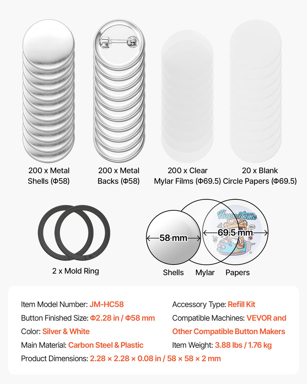 VEVOR Button Maker Supplies 200 Sets 2.28 in / 58 mm Pin Back Button Parts, with Metal Backs, Metal Shells, Clear Mylar Films, and Blank Circle Papers, for Home DIY, School Events, and Custom Studio