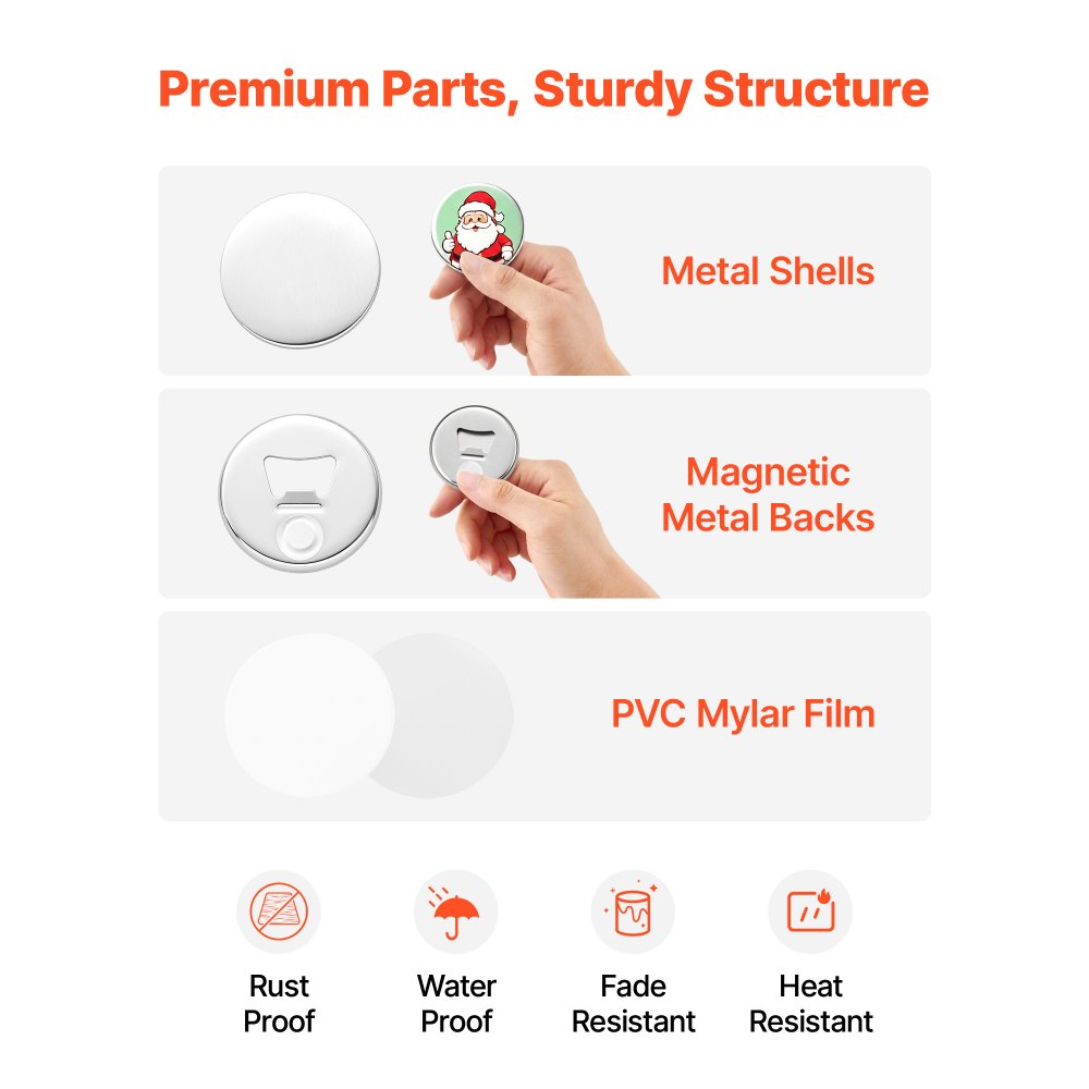VEVOR Button Maker Supplies 50 Sets 2.28 in / 58 mm Magnet Button Parts, with Magnetic and Bottle Opener Backs, Metal Shells, Clear Mylar Films, and Blank Circle Papers, for Home DIY, Kitchen Decor