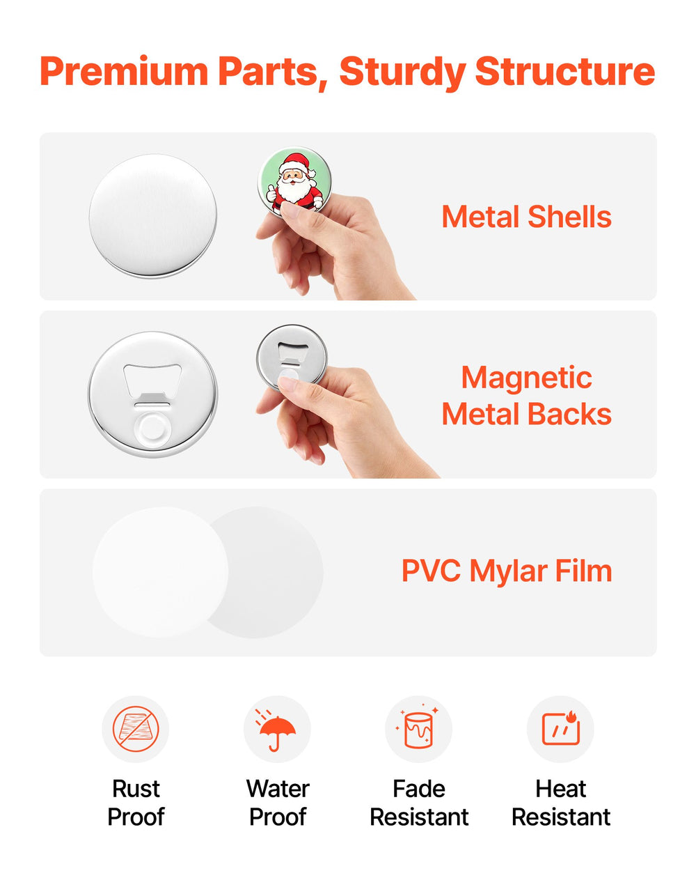VEVOR Button Maker Supplies 50 Sets 2.28 in / 58 mm Magnet Button Parts, with Magnetic and Bottle Opener Backs, Metal Shells, Clear Mylar Films, and Blank Circle Papers, for Home DIY, Kitchen Decor