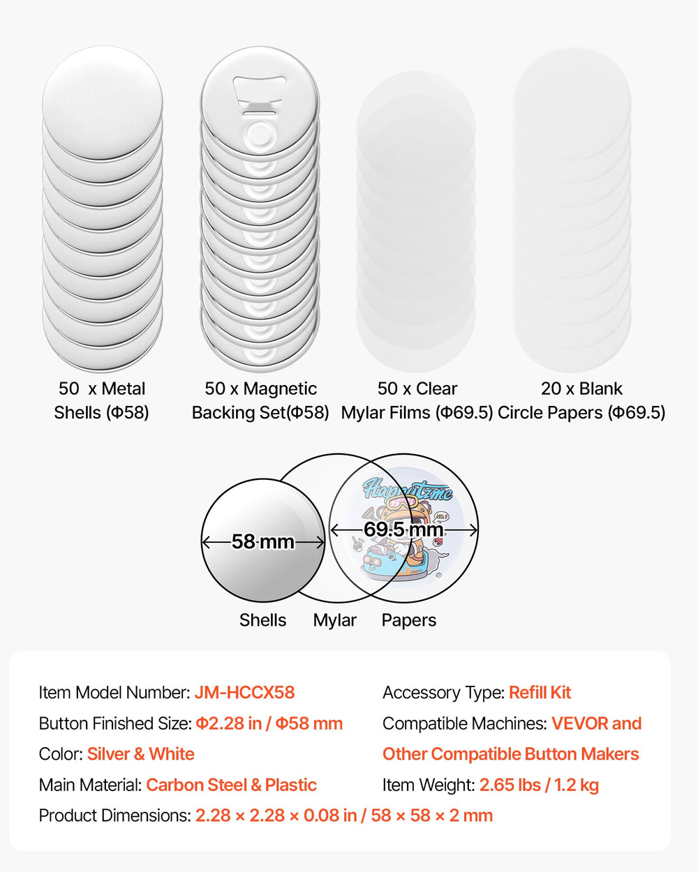 VEVOR Button Maker Supplies 50 Sets 2.28 in / 58 mm Magnet Button Parts, with Magnetic and Bottle Opener Backs, Metal Shells, Clear Mylar Films, and Blank Circle Papers, for Home DIY, Kitchen Decor