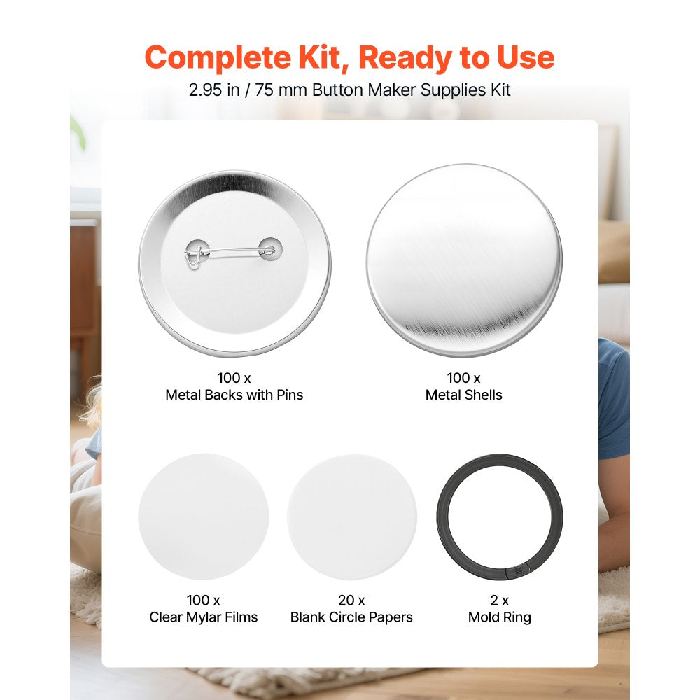 VEVOR Button Maker Supplies 100 Sets 2.95 in / 75 mm Pin Back Button Parts, with Metal Backs, Metal Shells, Clear Mylar Films, and Blank Circle Papers, for Home DIY, School Events, and Custom Studio
