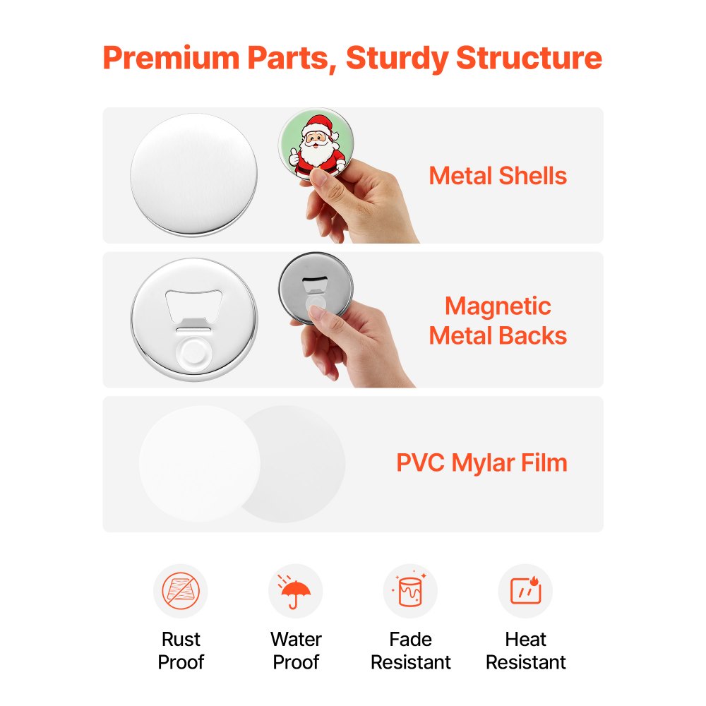 VEVOR Button Maker Supplies 50 Sets 2.95 in / 75 mm Magnet Button Parts, with Magnetic and Bottle Opener Backs, Metal Shells, Clear Mylar Films, and Blank Circle Papers, for Home DIY, Kitchen Decor