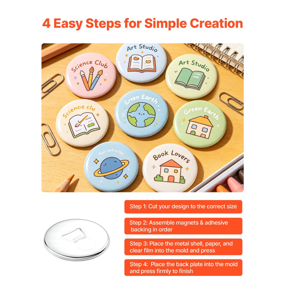 VEVOR Button Maker Supplies 50 Sets 2.95 in / 75 mm Magnet Button Parts, with Magnetic and Bottle Opener Backs, Metal Shells, Clear Mylar Films, and Blank Circle Papers, for Home DIY, Kitchen Decor