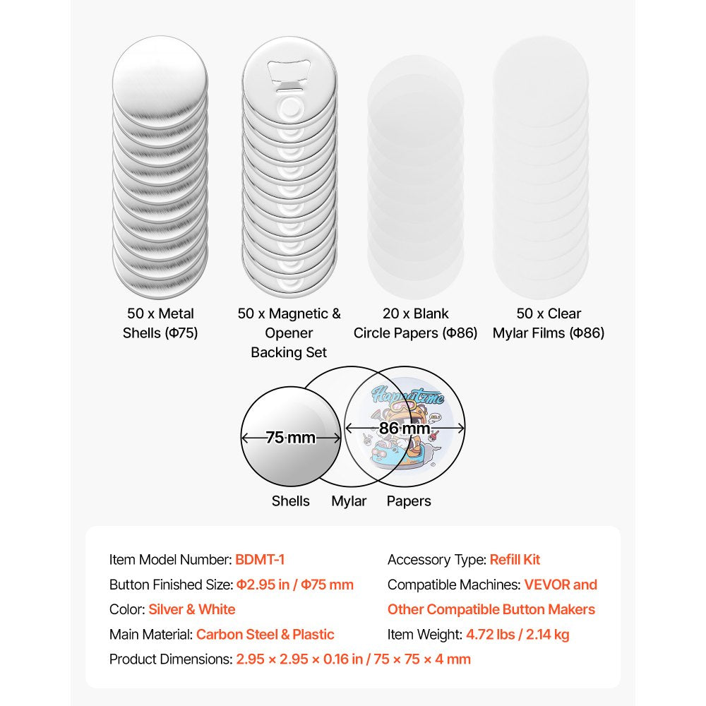 VEVOR Button Maker Supplies 50 Sets 2.95 in / 75 mm Magnet Button Parts, with Magnetic and Bottle Opener Backs, Metal Shells, Clear Mylar Films, and Blank Circle Papers, for Home DIY, Kitchen Decor
