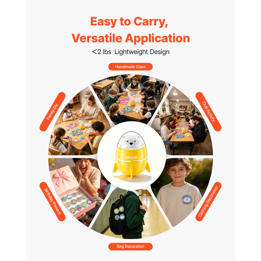 VEVOR Button Maker Machine, 2.25" / 58 mm, Plastic Pin Badge Maker with 50pcs Button Parts and Pre-Printed Pattern Paper, Circle Cutter, Compact Body, for Home DIY, School Events, Birthday Present