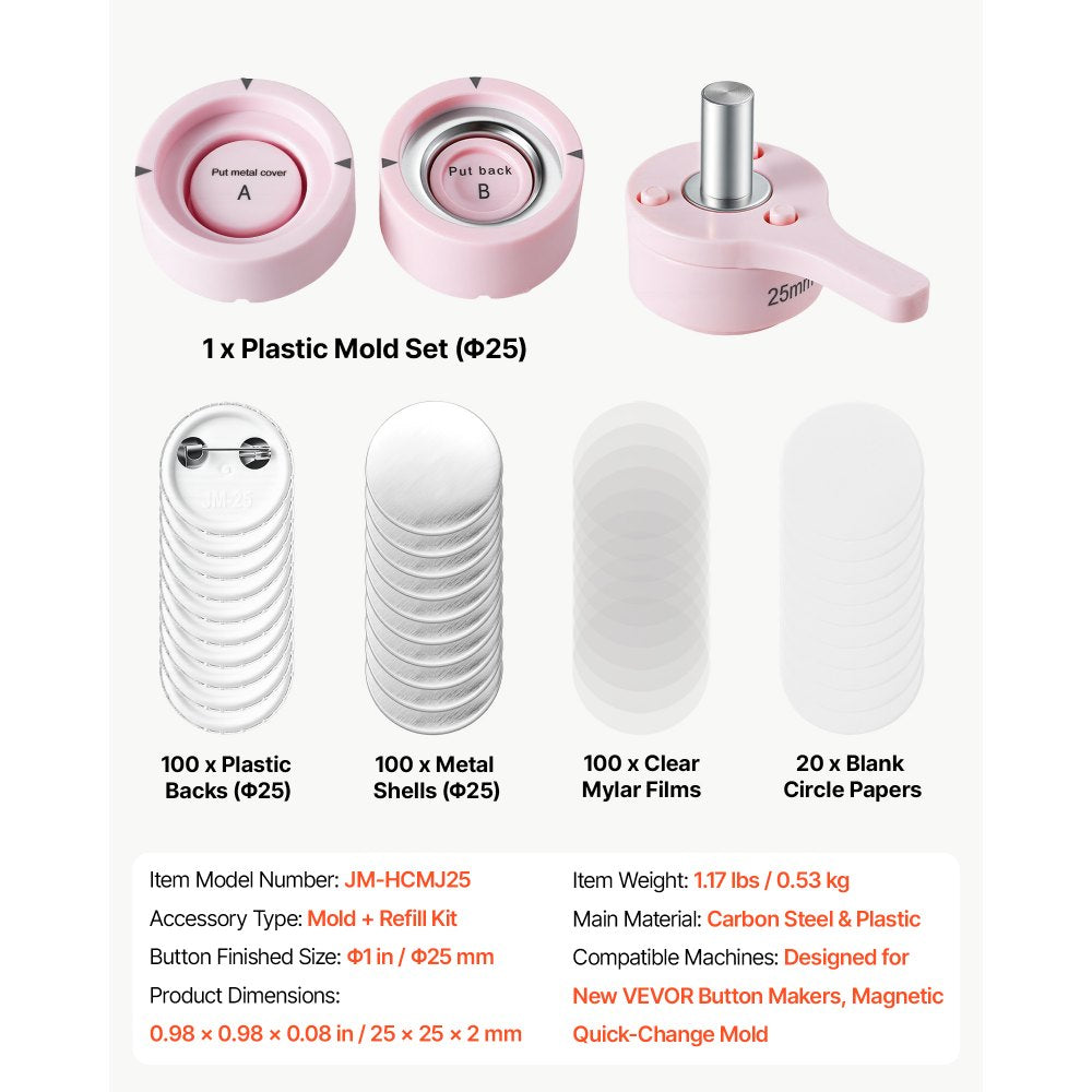 VEVOR Button Maker Mold with Supplies 0.98 in / 25 mm Interchangeable Mold, for VEVOR Magnetic Fast-Change Button Maker Machine, with 100 Backs, Shells, Clear Films, and 20 Blank Circle Papers