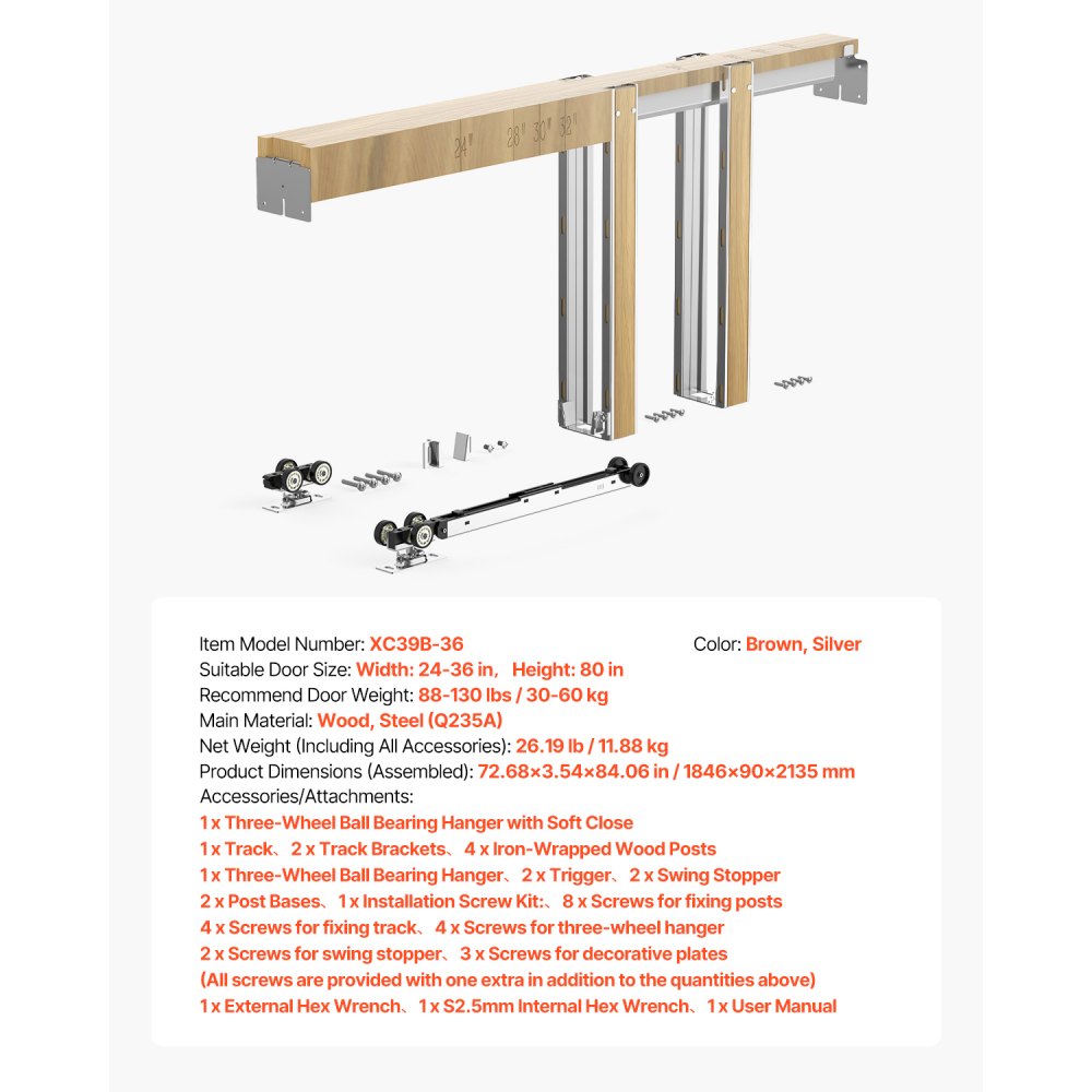 VEVOR Pocket Door Frame Kit, for 24-36 in Wide 80 in High Door, Pocket Door Kit with Two-Way Soft Close Mechanism, Slide Smoothly Quietly, Easy to Install, Wood and Galvanized Steel, for Living Room