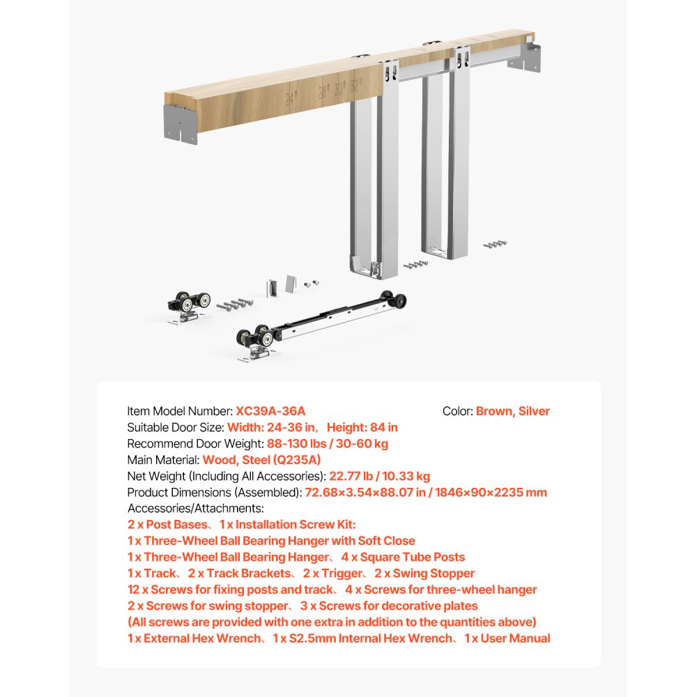 VEVOR Pocket Door Frame Kit, for 24-36 in Wide 84 in High Door, Pocket Door Kit with Two-Way Soft Close Mechanism, Slide Smoothly Quietly, Easy to Install, Premium Galvanized Steel, for Living Room