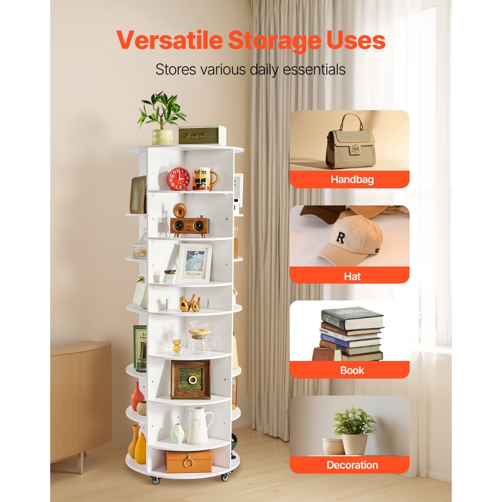 VEVOR 7 Tier Rotating Shoe Rack Tower with Adjustable Shelves, Movable 360° Spinning Carousel Display with Wheels, Lazy Susan Organizer Closet for Bedroom, Living Room, Entryway, Closet, White