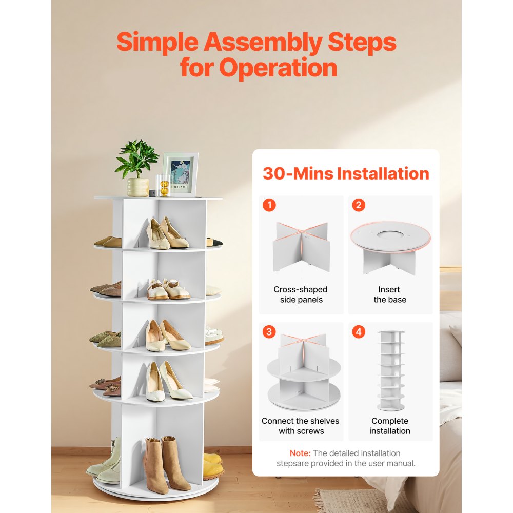 VEVOR 5 Tiers Rotating Shoe Rack Tower, 360° Spinning Shoe Rack, Revolving Storage Round Carousel Display, Freestanding Lazy Susan Organizer Display for Bedroom, Living Room, Entryway, Closet, White