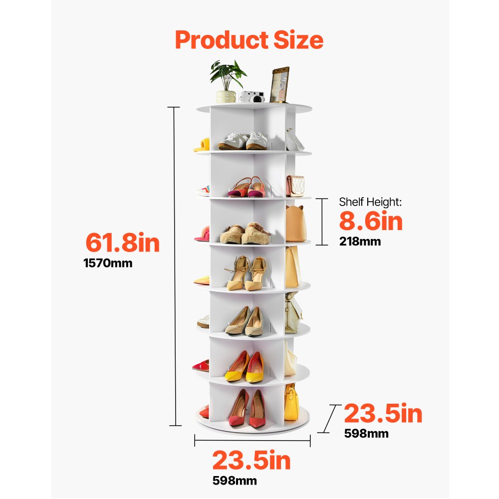 VEVOR 6 Tiers Rotating Shoe Rack Tower, 360° Spinning Shoe Rack, Revolving Storage Round Carousel Display, Freestanding Lazy Susan Organizer Display for Bedroom, Living Room, Entryway, Closet, White