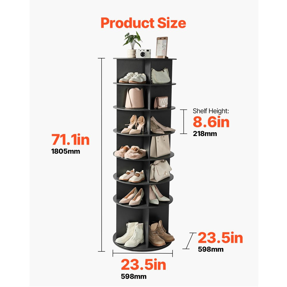 VEVOR 7 Tiers Rotating Shoe Rack Tower, 360° Spinning Shoe Rack, Revolving Storage Round Carousel Display, Freestanding Lazy Susan Organizer Display for Bedroom, Living Room, Entryway, Closet, Black