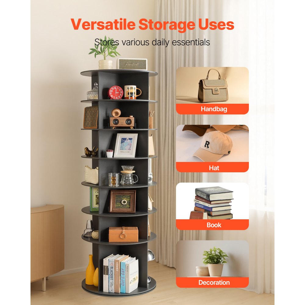 VEVOR 7 Tiers Rotating Shoe Rack Tower, 360° Spinning Shoe Rack, Revolving Storage Round Carousel Display, Freestanding Lazy Susan Organizer Display for Bedroom, Living Room, Entryway, Closet, Black