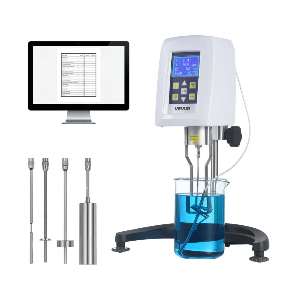 VEVOR Digital Rotary Viscometer, 10-100,000 mPa.s(cP), ±2% Accuracy, 100-240V Digital Rotational Viscosity Meter with 4 Rotors and Temperature Probe, LCD Display, Lab Viscometer for Fluid Testing