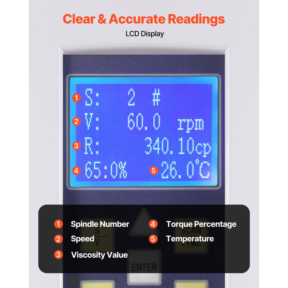 VEVOR Digital Rotary Viscometer, 10-2,000,000 mPa.s(cP), ±2% Accuracy, 100-240V Digital Rotational Viscosity Meter with 4 Rotors and Temperature Probe, LCD Display, Lab Viscometer for Fluid Testing