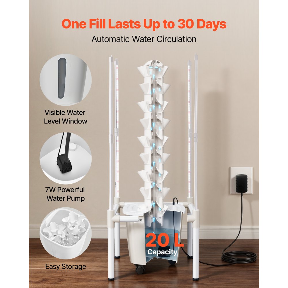 VEVOR Hydroponic Tower, 45 Pods 9 Tiers Hydroponics Growing System Kit with LED Grow Light, App Control & Casters, Vertical Home Garden with 20L Water Tank & Pump for Indoor Herbs, Fruits, Vegetables