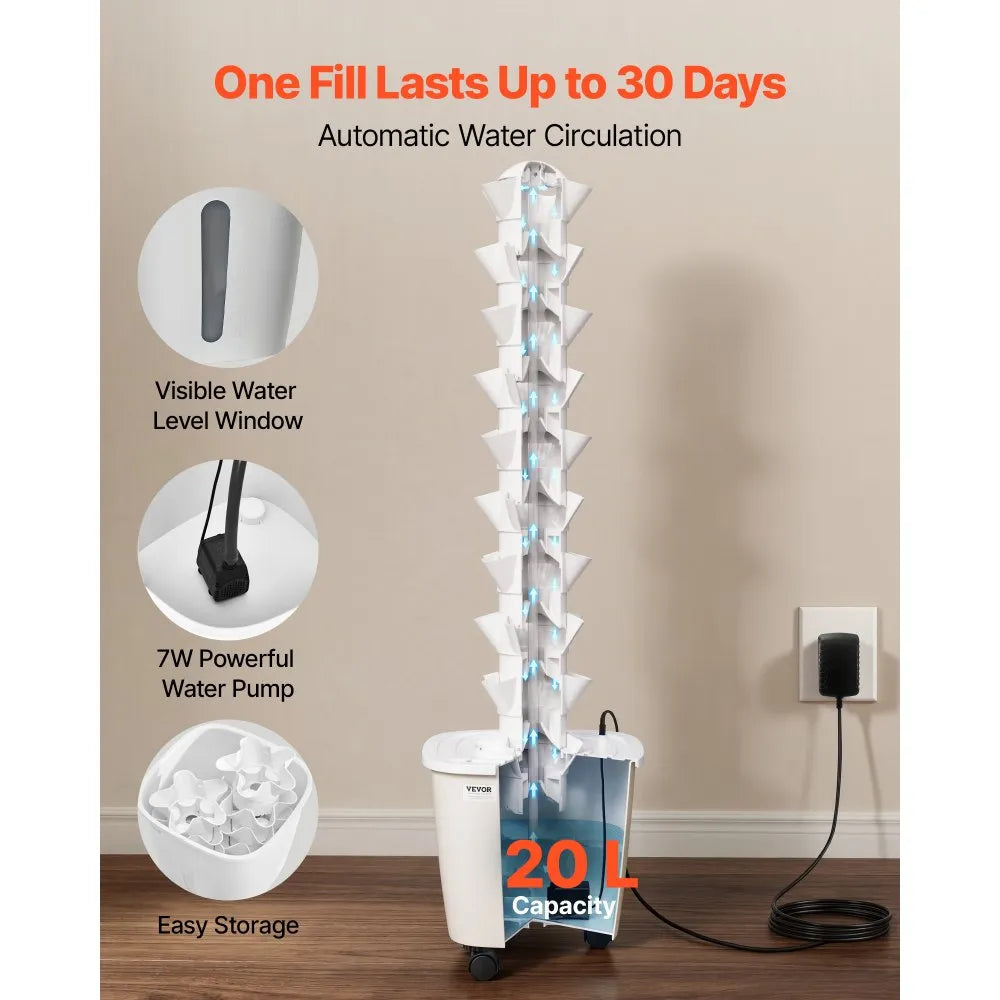 VEVOR Hydroponic Tower, 50 Pods 10 Tiers Hydroponics Growing System Kit with App Control & Casters, Vertical Home Garden with 20L Water Tank & Pump, Planter for Indoor Herbs, Fruits and Vegetables