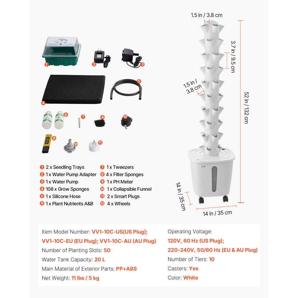 VEVOR Hydroponic Tower, 50 Pods 10 Tiers Hydroponics Growing System Kit with App Control & Casters, Vertical Home Garden with 20L Water Tank & Pump, Planter for Indoor Herbs, Fruits and Vegetables