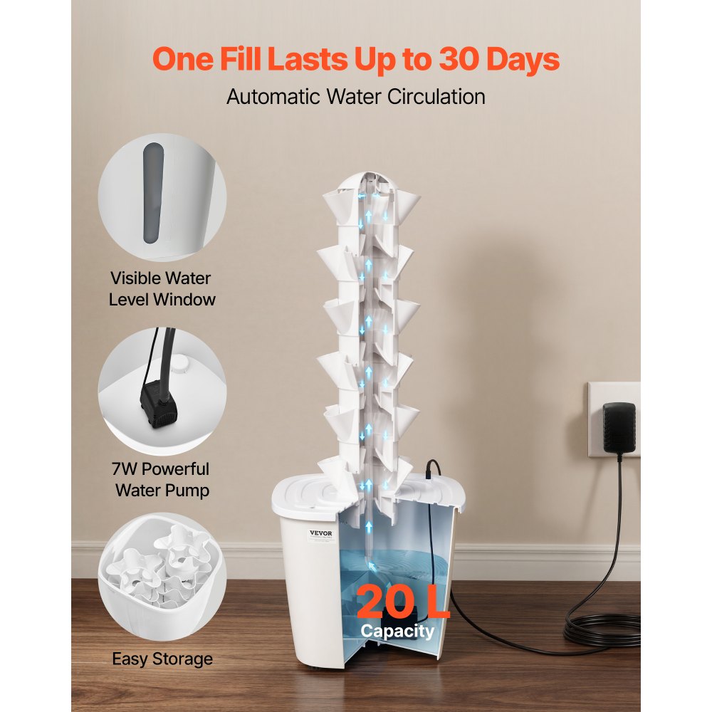 VEVOR Hydroponic Tower, 30 Pods 6 Tiers Hydroponics Growing System Kit with App Control, Vertical Home Garden with 20L Water Tank & Pump, Planter Germination Kit for Indoor Herbs, Fruits, Vegetables