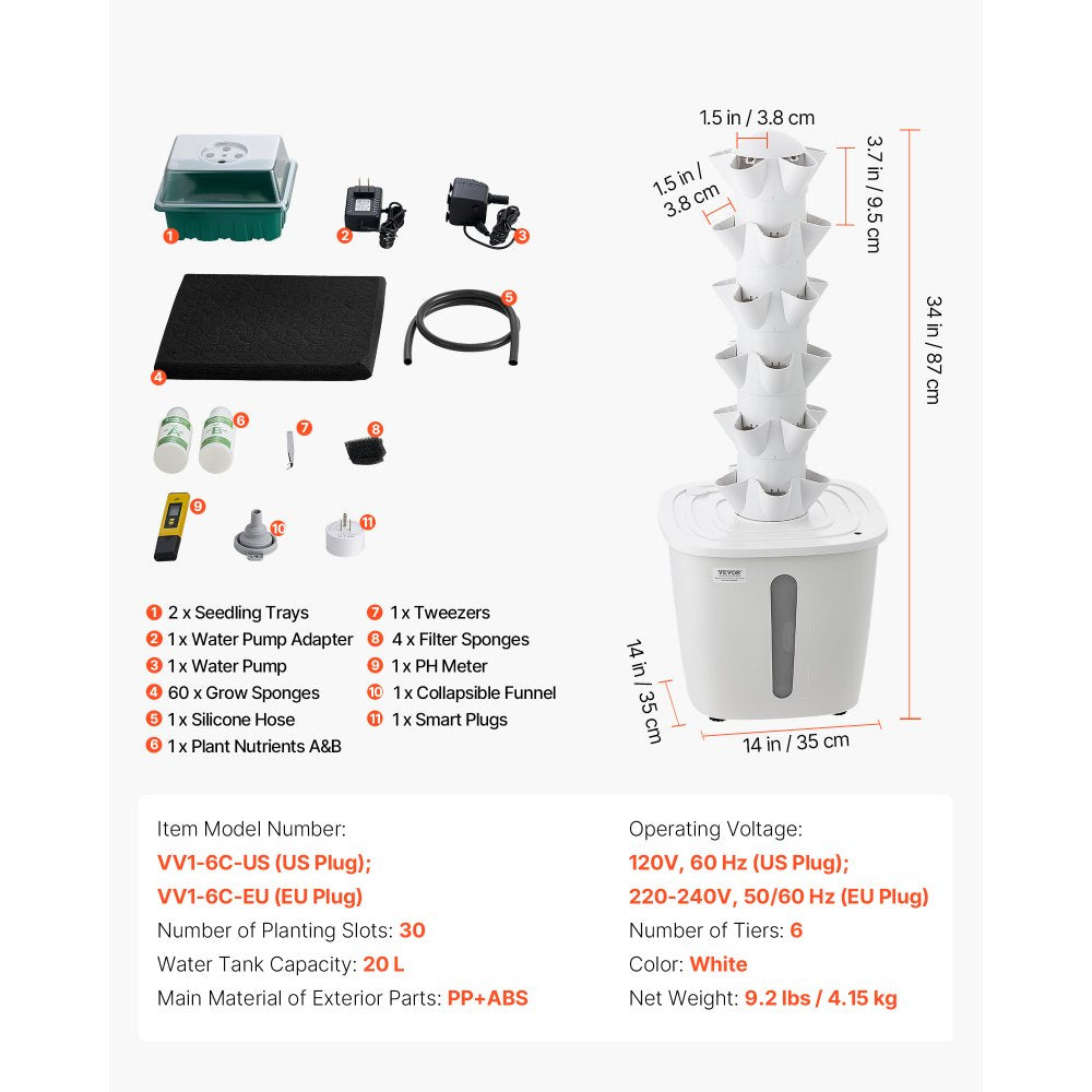 VEVOR Hydroponic Tower, 30 Pods 6 Tiers Hydroponics Growing System Kit with App Control, Vertical Home Garden with 20L Water Tank & Pump, Planter Germination Kit for Indoor Herbs, Fruits, Vegetables