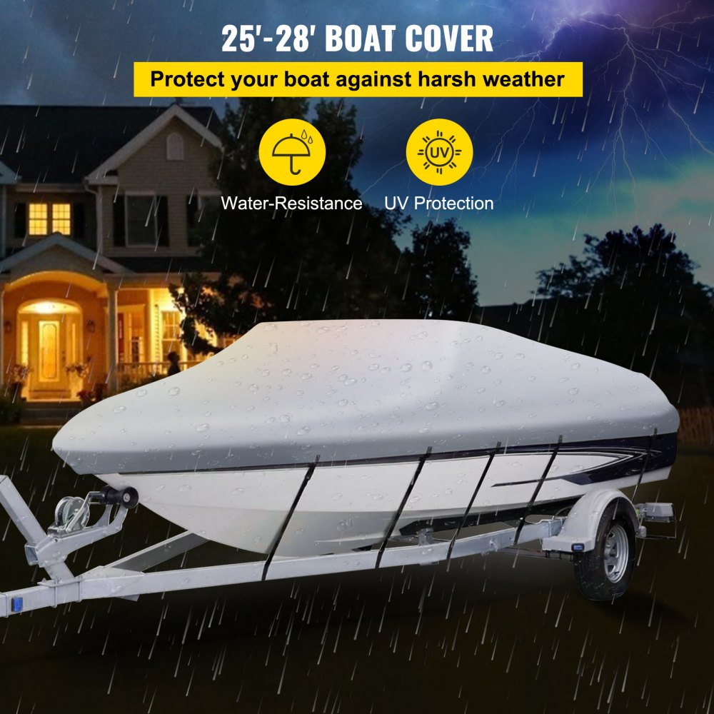 VEVOR Waterproof Boat Cover, 25'-28' Trailerable Boat Cover, Beam Width up to 118" v Hull Cover Heavy Duty 600D Marine Grade Polyester Mooring Cover for Fits V-Hull Boat with 5 Tightening Straps