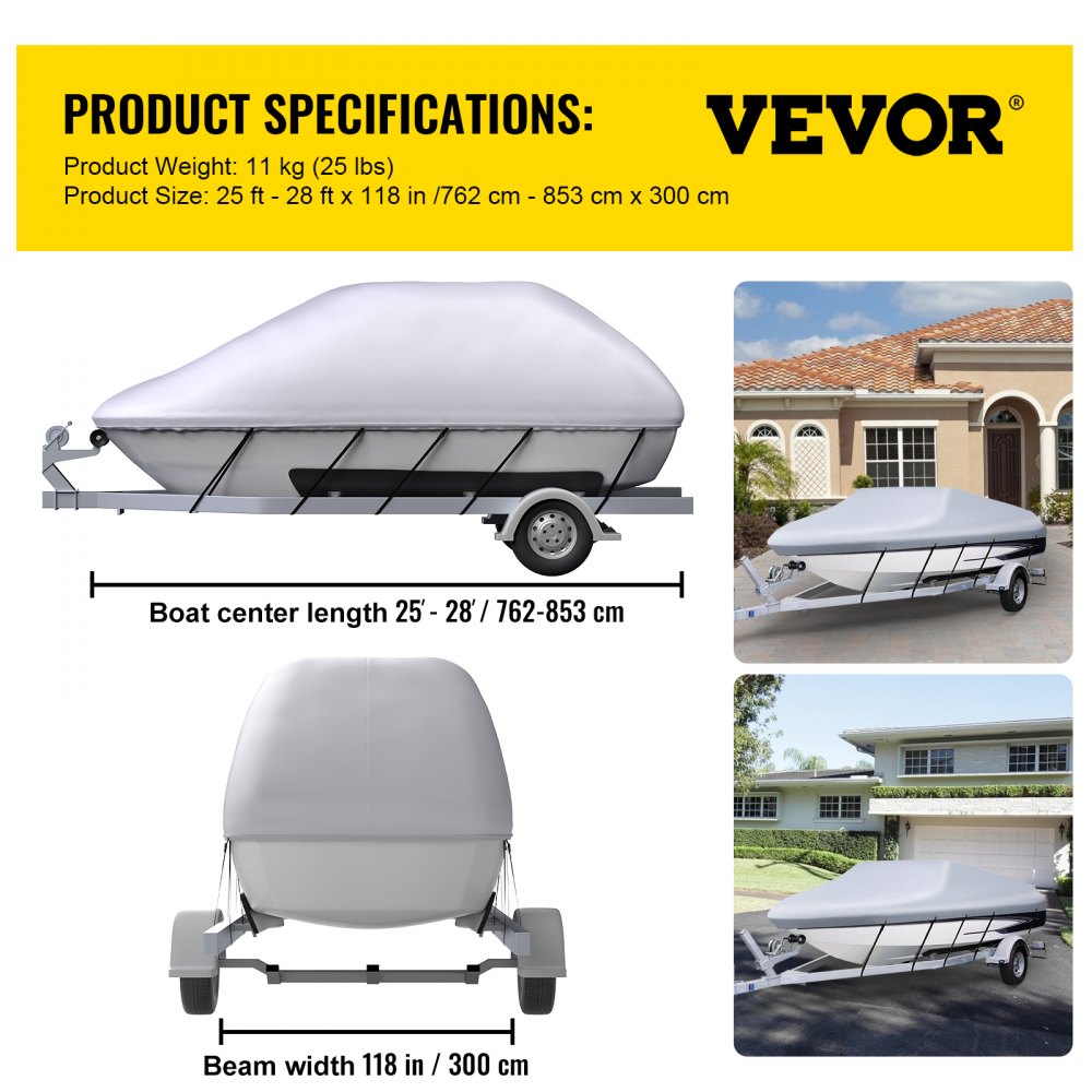 VEVOR Waterproof Boat Cover, 25'-28' Trailerable Boat Cover, Beam Width up to 118" v Hull Cover Heavy Duty 600D Marine Grade Polyester Mooring Cover for Fits V-Hull Boat with 5 Tightening Straps