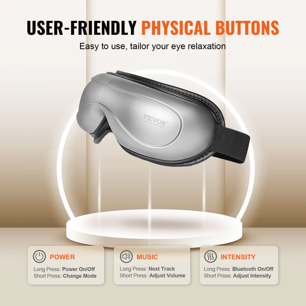 VEVOR Eye Massager with Heat, Heated Eye Massage Mask with 5 Modes and Bluetooth Music, 180° Foldable Eye Care Massager for Migraines, Eye Strain, Dark Circles, Ideal Gift for Mom/Dad, Gray