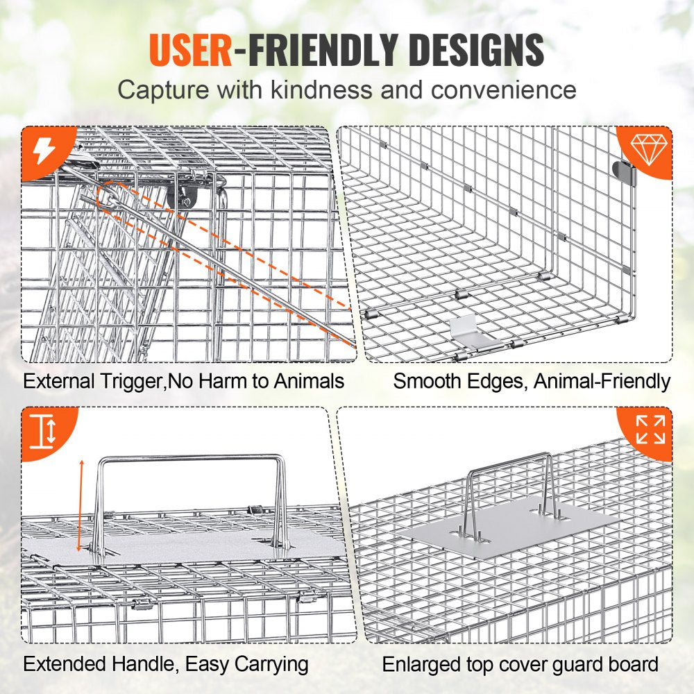 VEVOR Live Animal Cage Trap, 42" x 16" x 18" Humane Cat Trap Galvanized Iron, Folding Animal Trap with Handle for Stray Dogs, Armadillos, Raccoons, Marmots, Foxes