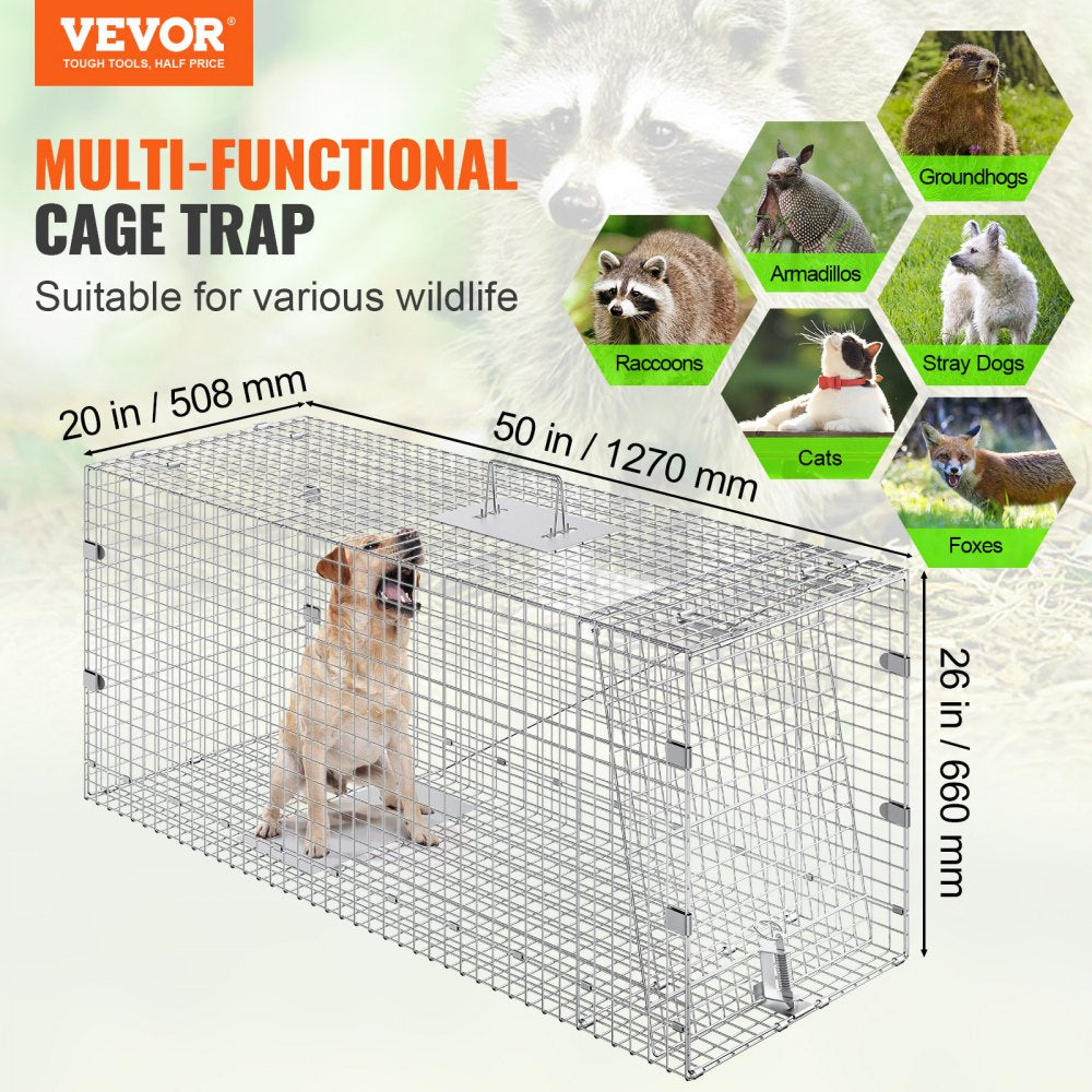 VEVOR Humane Live Animal Trap, Dimensions 50" x 20" x 26", Crafted from Galvanized Iron, Collapsible Design with Carrying Handle for Capturing Stray Dogs, Armadillos, Raccoons, Marmots, and Foxes