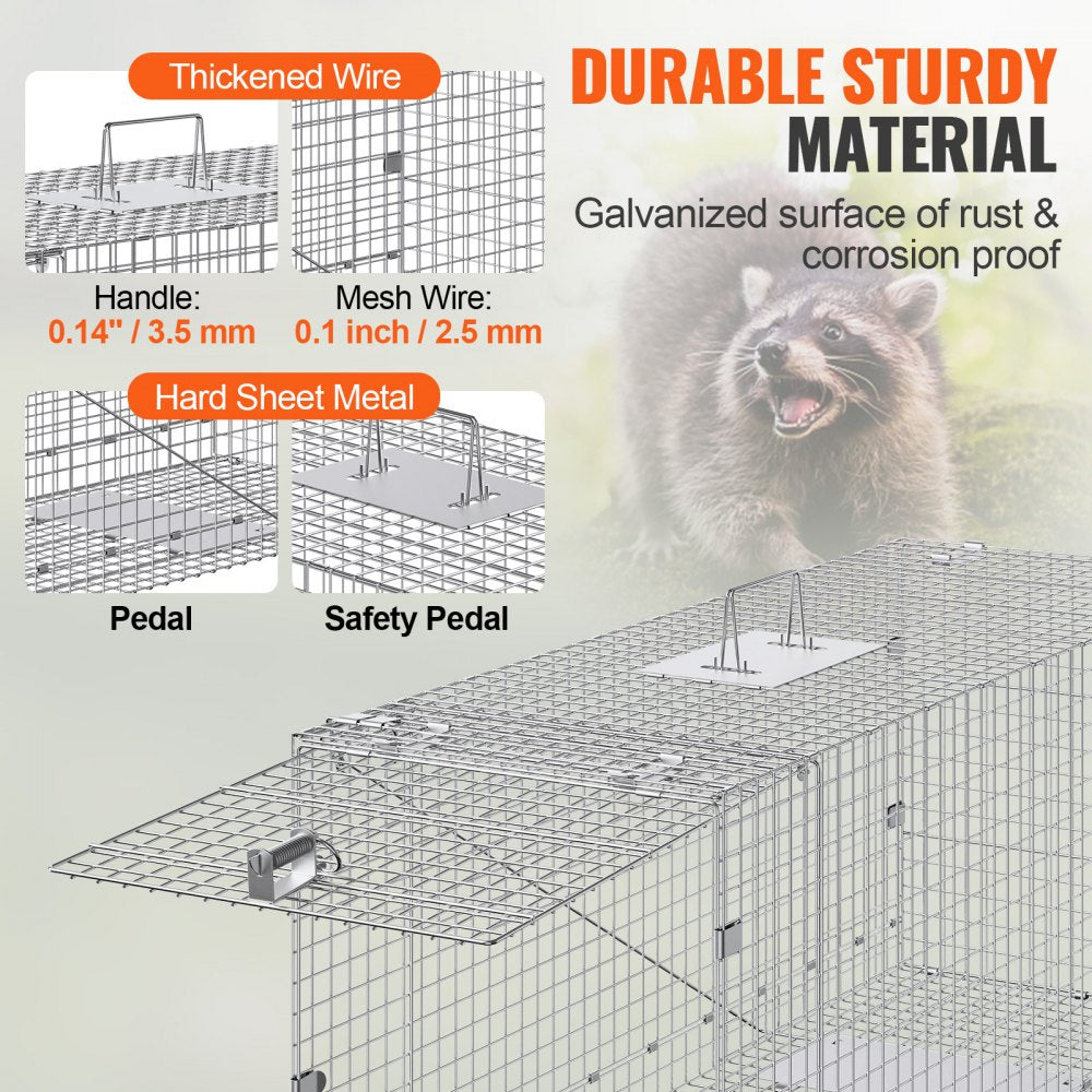 VEVOR Humane Live Animal Trap, Dimensions 50" x 20" x 26", Crafted from Galvanized Iron, Collapsible Design with Carrying Handle for Capturing Stray Dogs, Armadillos, Raccoons, Marmots, and Foxes