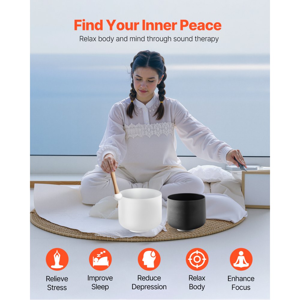 VEVOR 2PCS Crystal Singing Bowls, 8-inch and 10-inch A & F Note Singing Bowls, Frosted Quartz Singing Bowl with 10" Carrying Bag, 1 Rubber Mallet and 2 O-Rings, Ideal for Meditation Yoga Sound Healing
